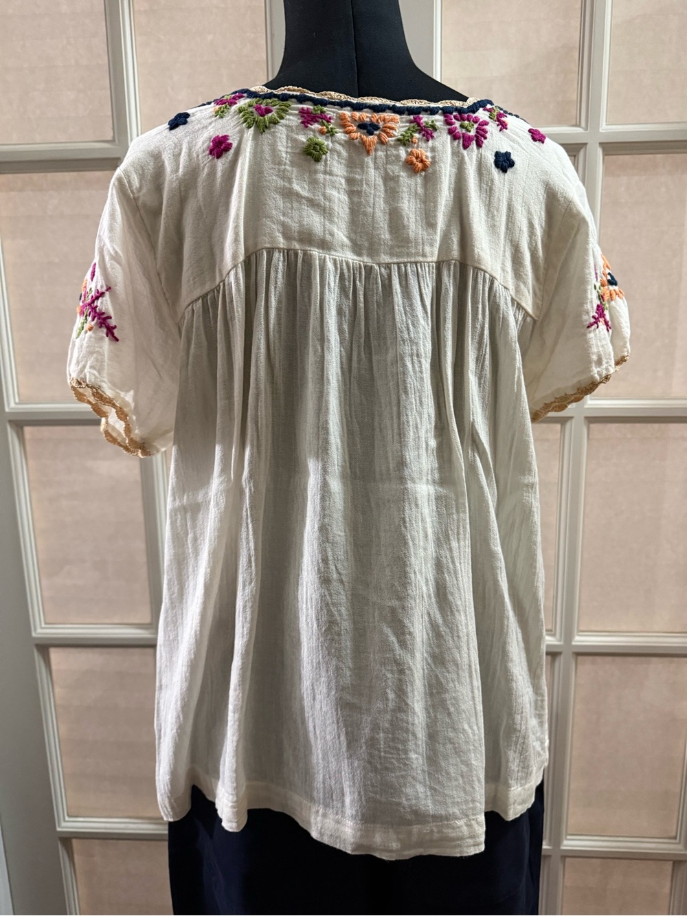 THML White Embroidered Peasant Tunic with Multicolor Floral Yoke - Picture 3 of 5